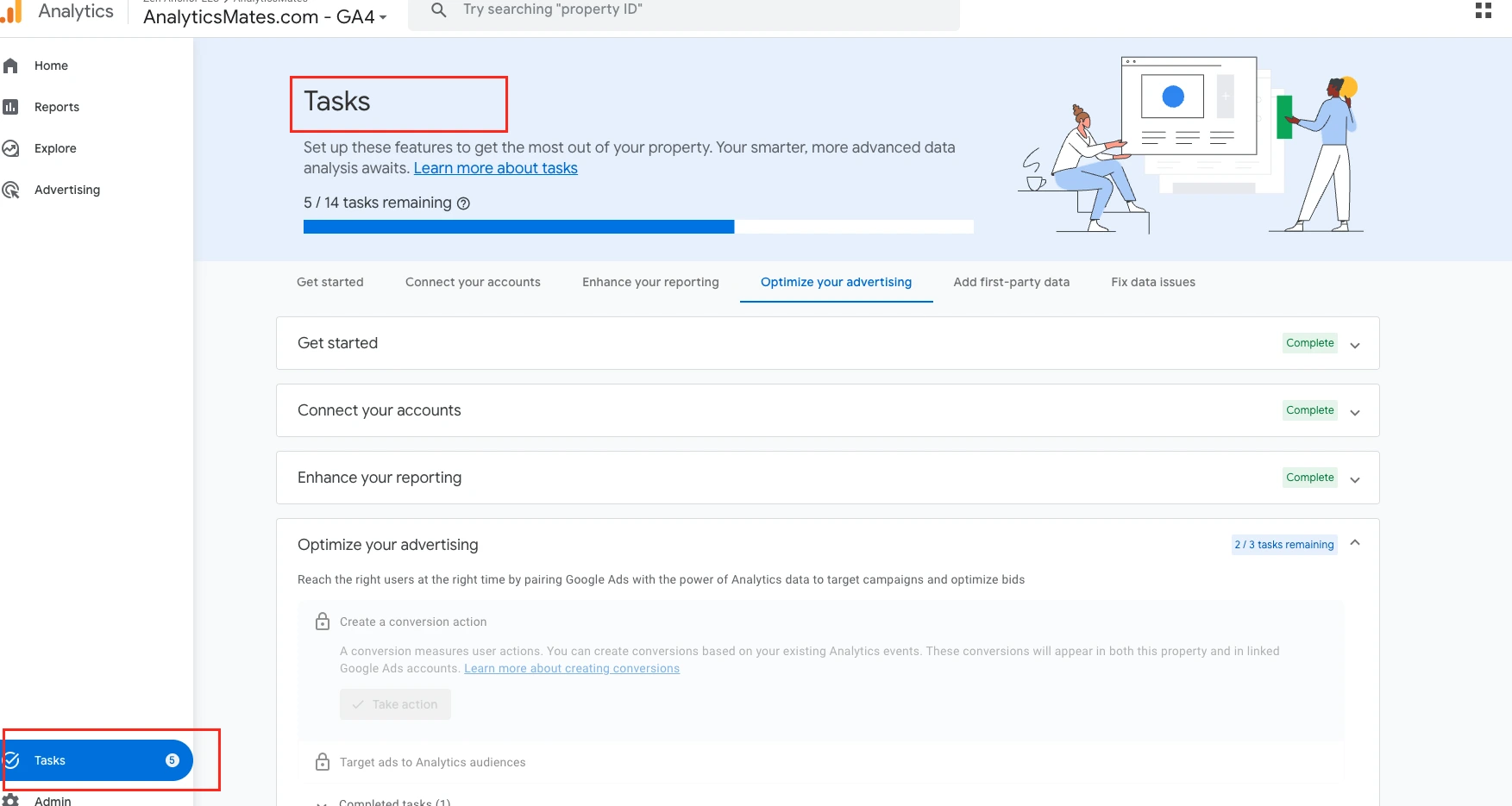 Google Analytics 4 Task Assistant interface displaying setup recommendations and optimization tasks designed to improve data collection, reporting, and advertising performance.