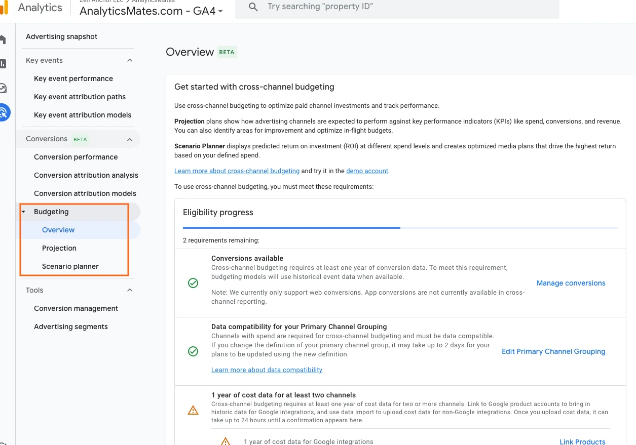 Google Analytics 4 Cross-Channel Budgeting beta dashboard showing budget planning, performance projections, and scenario planning across multiple advertising channels.