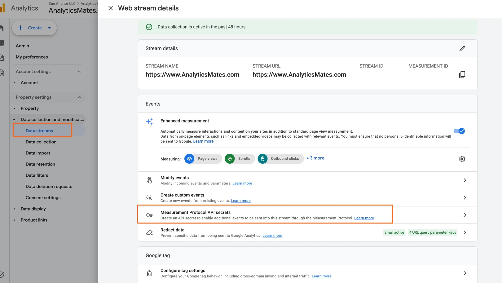 Google Analytics 4 Data Stream settings showing where to access Measurement Protocol API secrets for server-to-server event tracking.