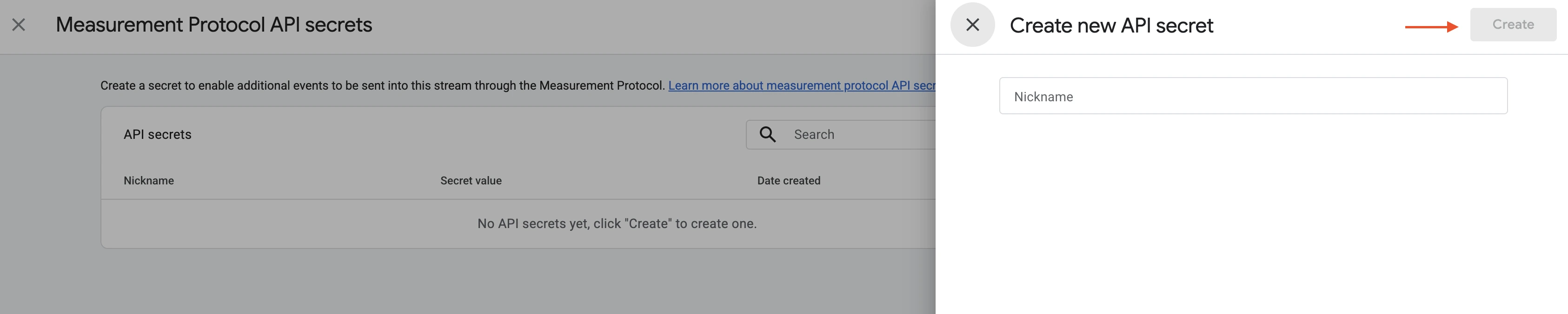 Google Analytics 4 interface for creating a Measurement Protocol API secret used to authenticate server-to-server events.