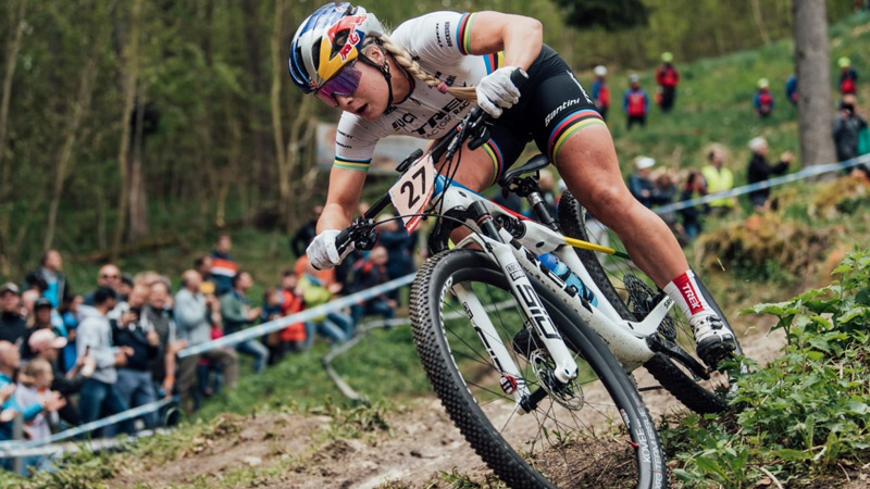 Evie Richards racing during Red Bull Race Tapes UCI Mountain Bike World Cup documentary
