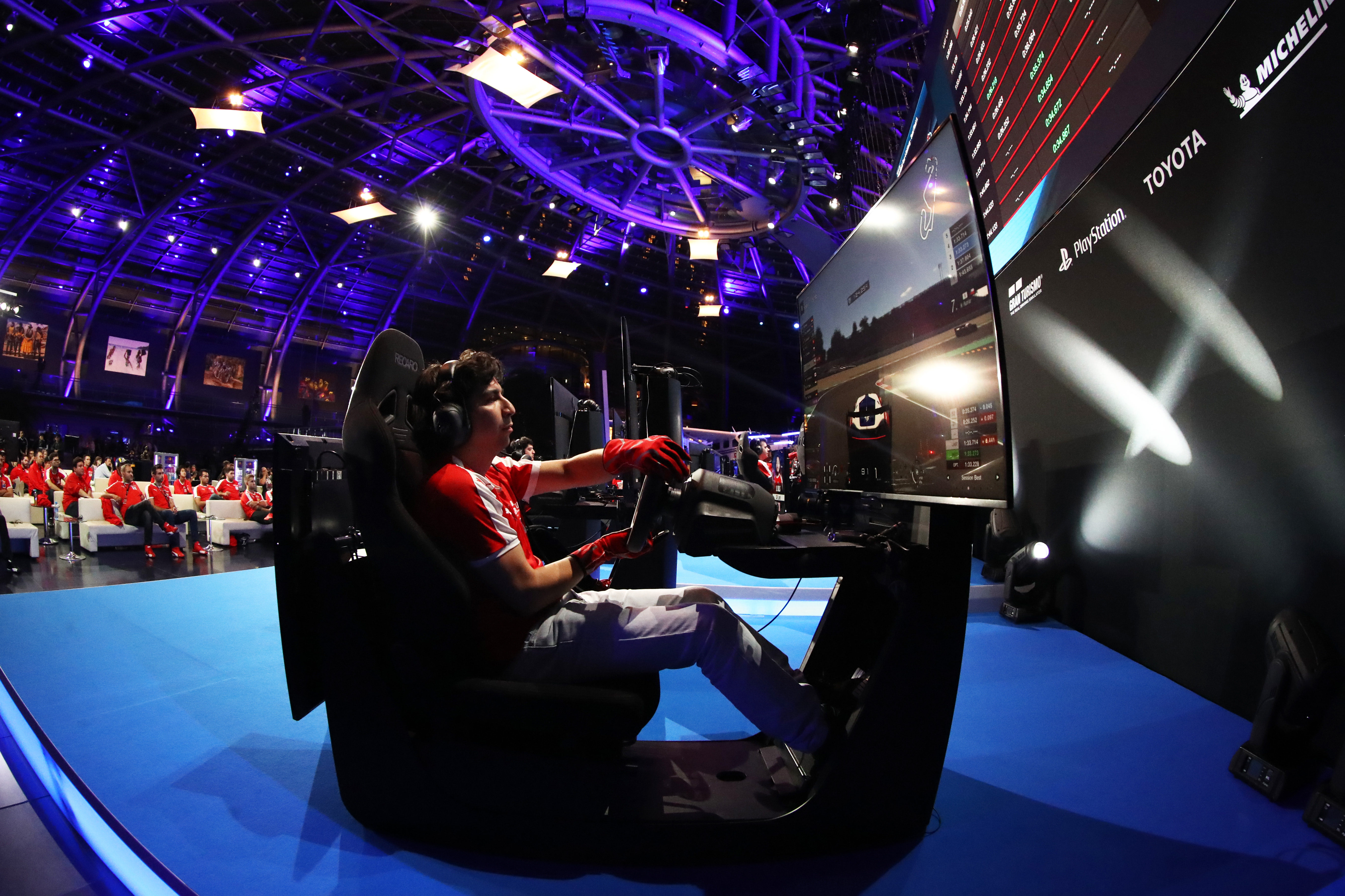 Gran Turismo World Championship esports broadcast with fisheye sled camera shot