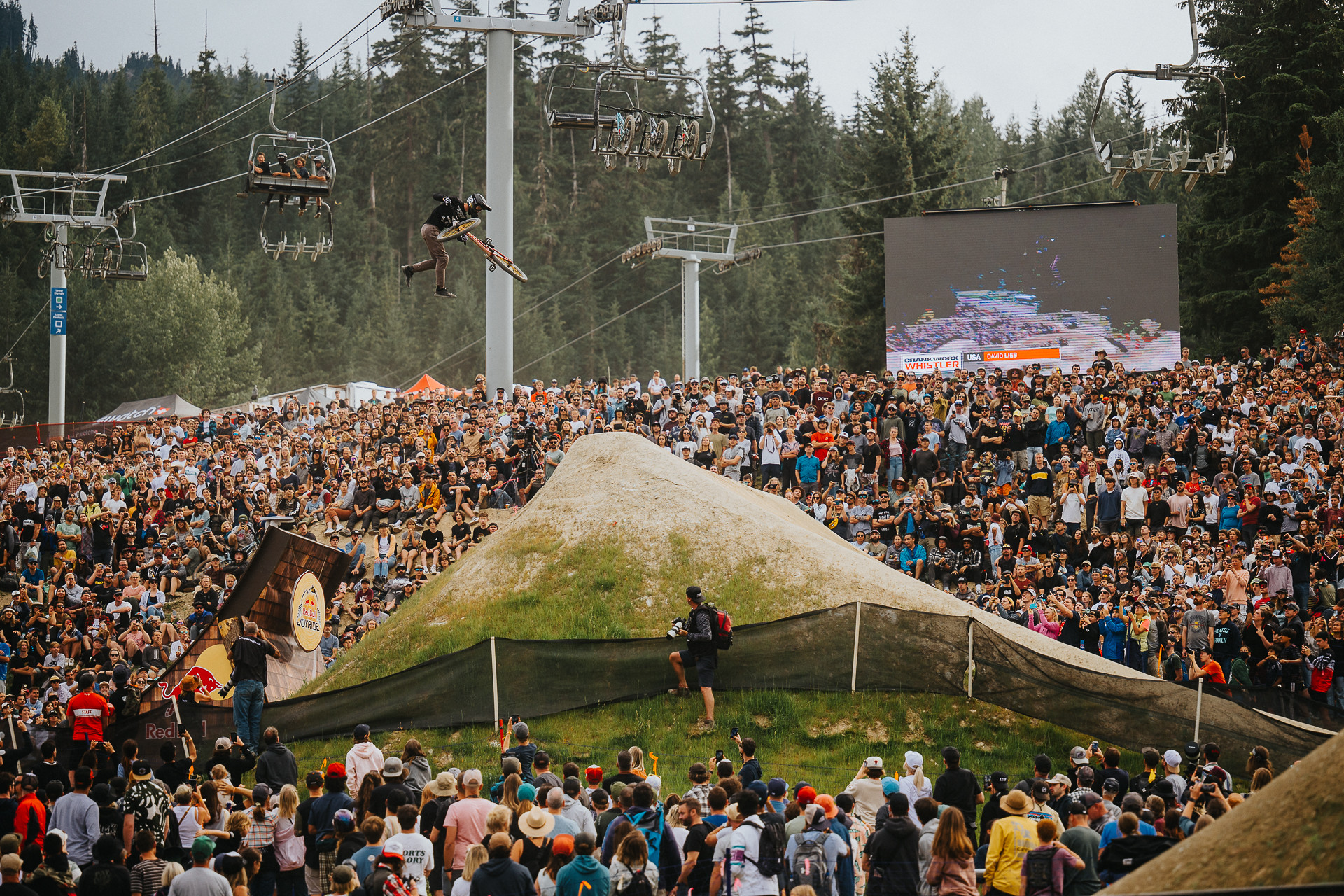 Mountain biker racing at Crankworx World Tour live action sports broadcast production