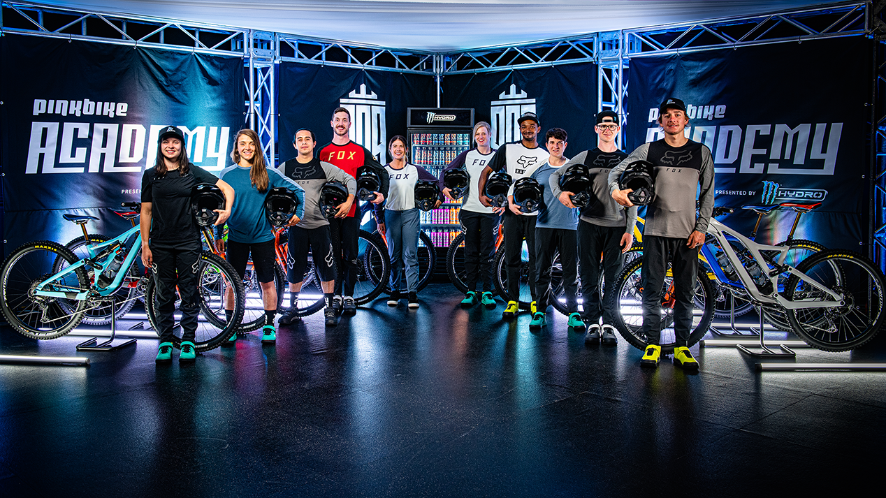 Mountain bike riders competing on set during Pinkbike Academy reality series British Columbia