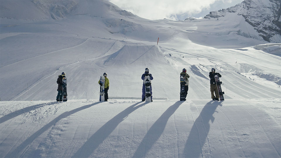 Snowboarders training in Saas-Fee Switzerland during Red Bull Chasing Winter Olympic production
