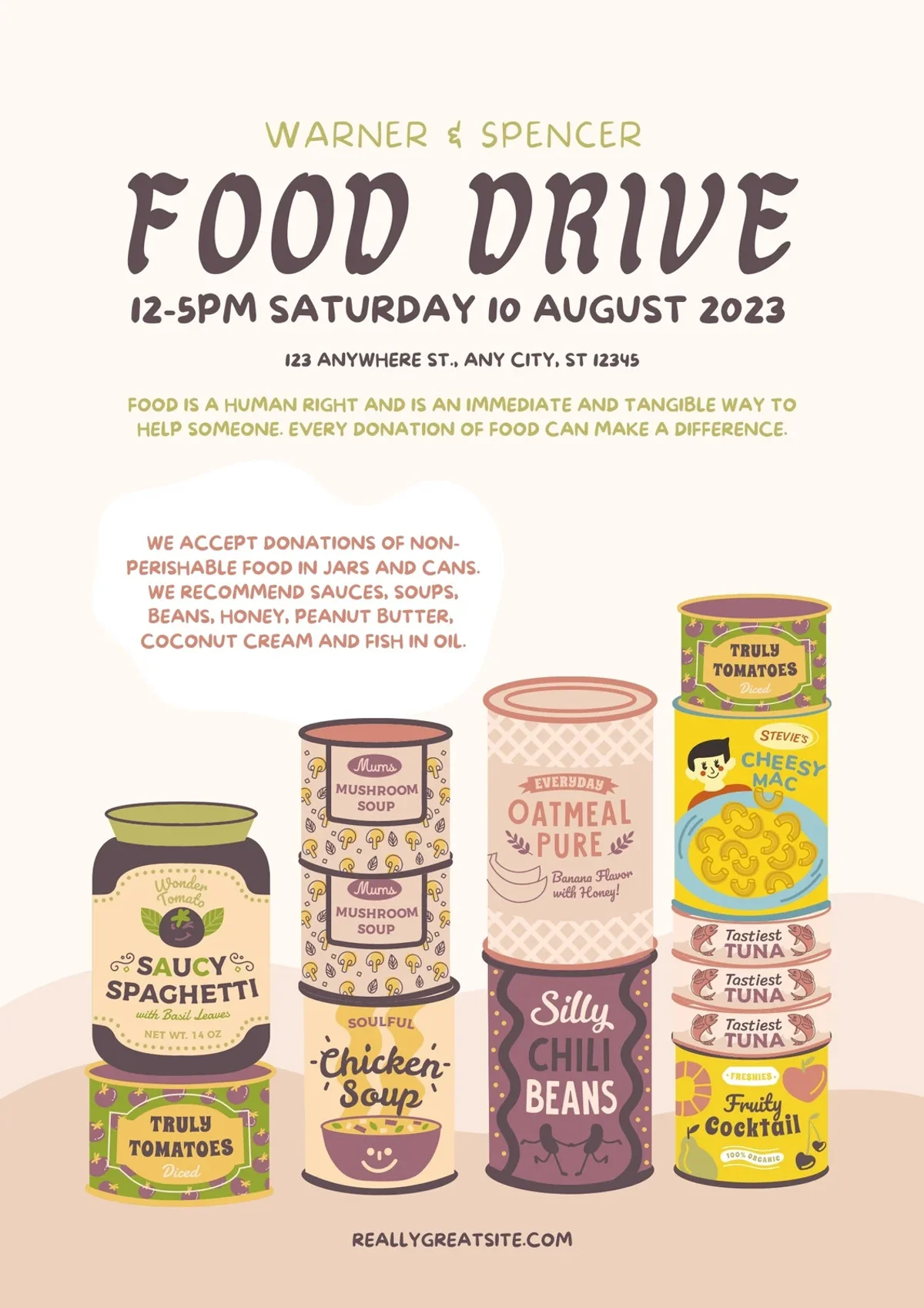 Poster with a list of the most wanted items in a food drive