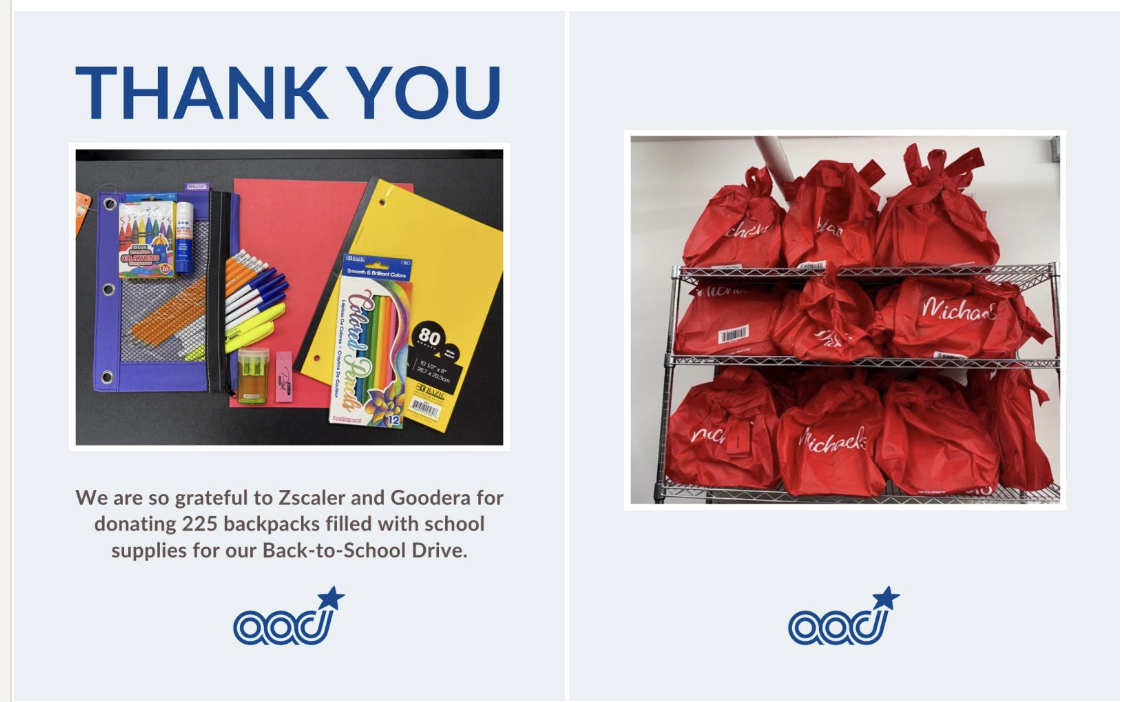 LinkedIn post by AACI highlighting the impact created by Zscaler’s Back-to-School Drive, in collaboration with Goodera.