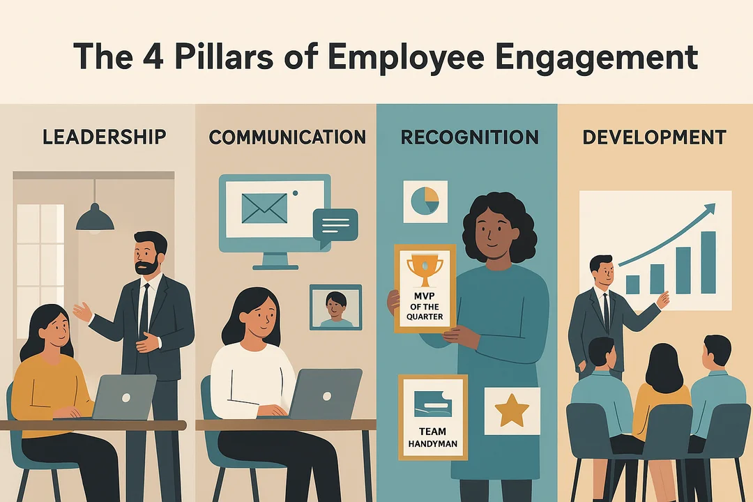 the 4 pillars of engagement, namely, leadership, communication, recognition, and development.