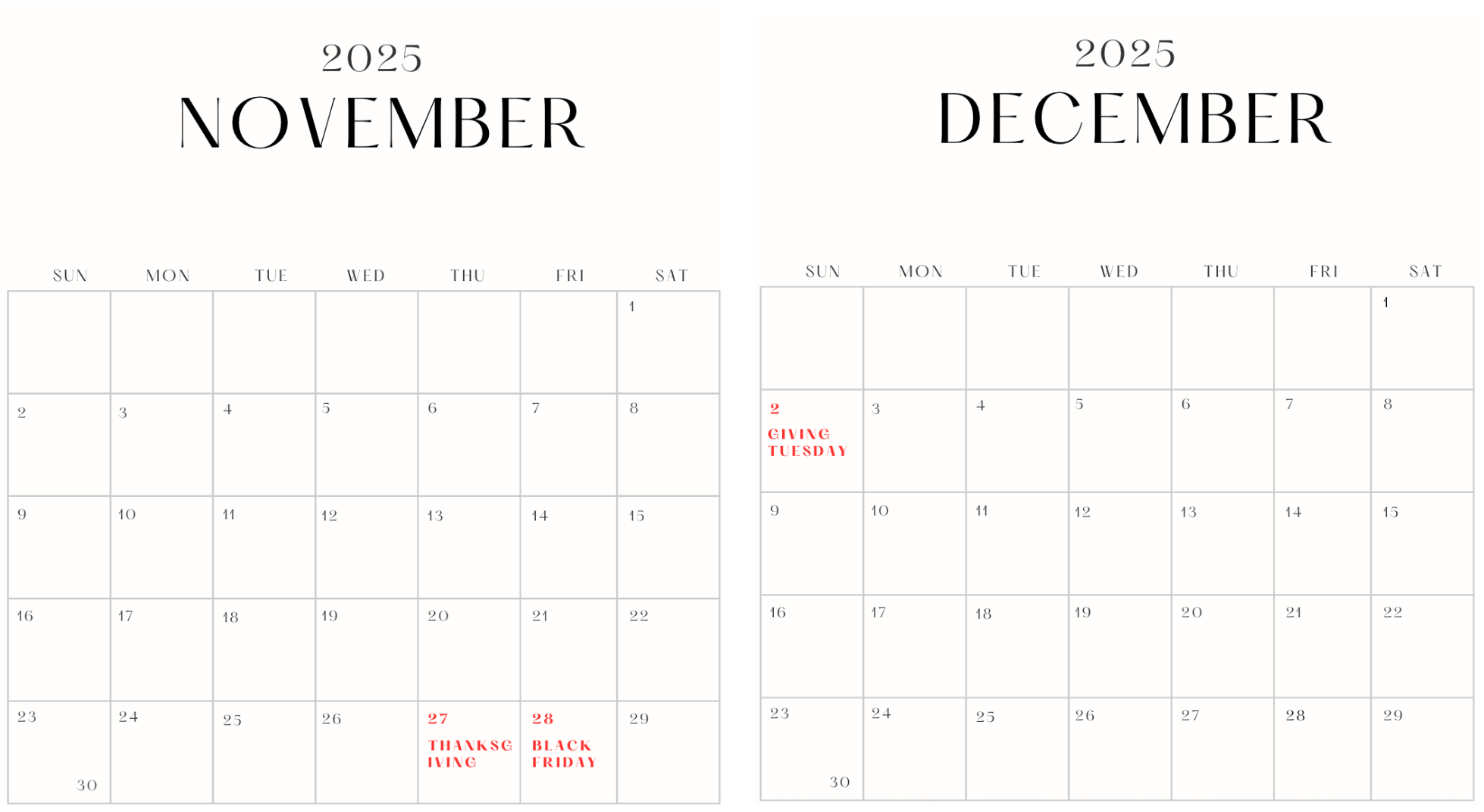 Calendar marked for Thanksgiving, Black Friday, and Giving Tuesday.