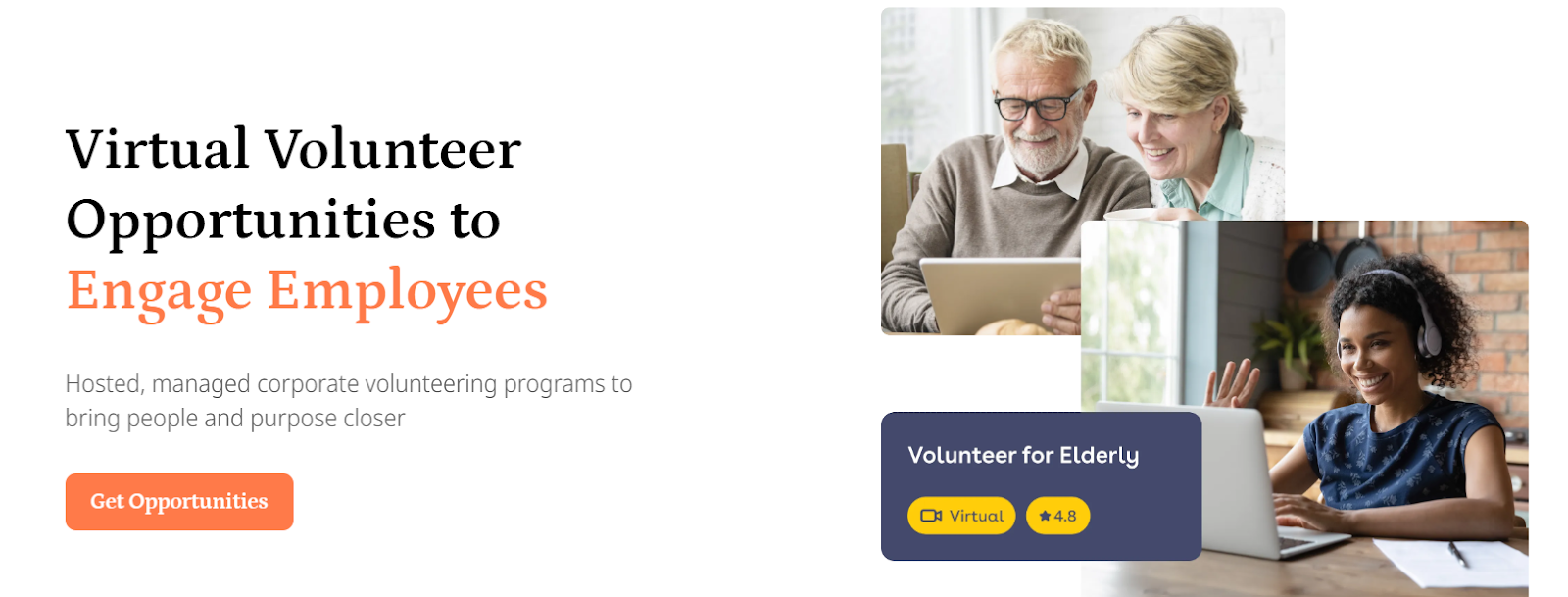 Virtual volunteering opportunities showcased with employees engaging online, including a smiling young woman volunteering remotely and an elderly couple receiving support.
