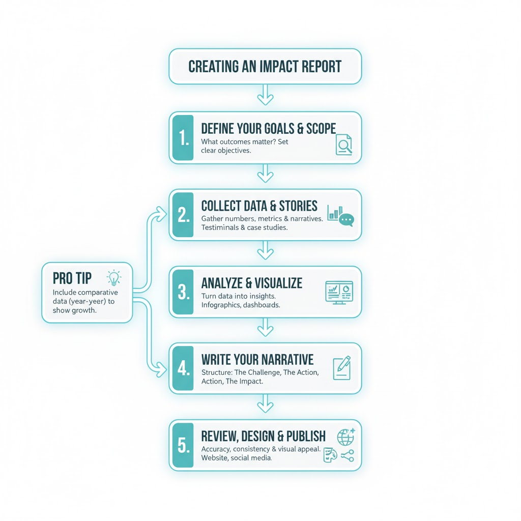 Flowchart titled "Creating an Impact Report" illustrating five key steps: 1. Define Your Goals & Scope with a brief on setting clear objectives, 2. Collect Data & Stories including numbers, metrics, testimonials, and case studies, 3. Analyze & Visualize with infographics and dashboards, 4. Write Your Narrative structured around challenge, action, and impact, and 5. Review, Design & Publish focusing on accuracy, consistency, and visual appeal for web and social media. A "Pro Tip" box advises including comparative year-over-year data to show growth.