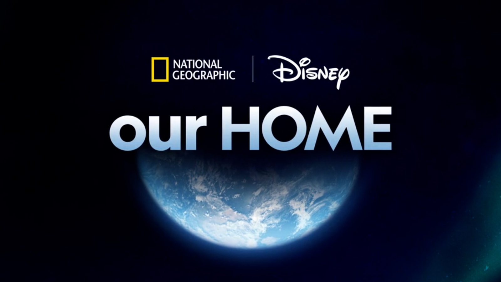 Promotional image featuring the Earth from space with the text “our HOME” and logos of National Geographic and Disney, symbolizing environmental awareness and global unity.