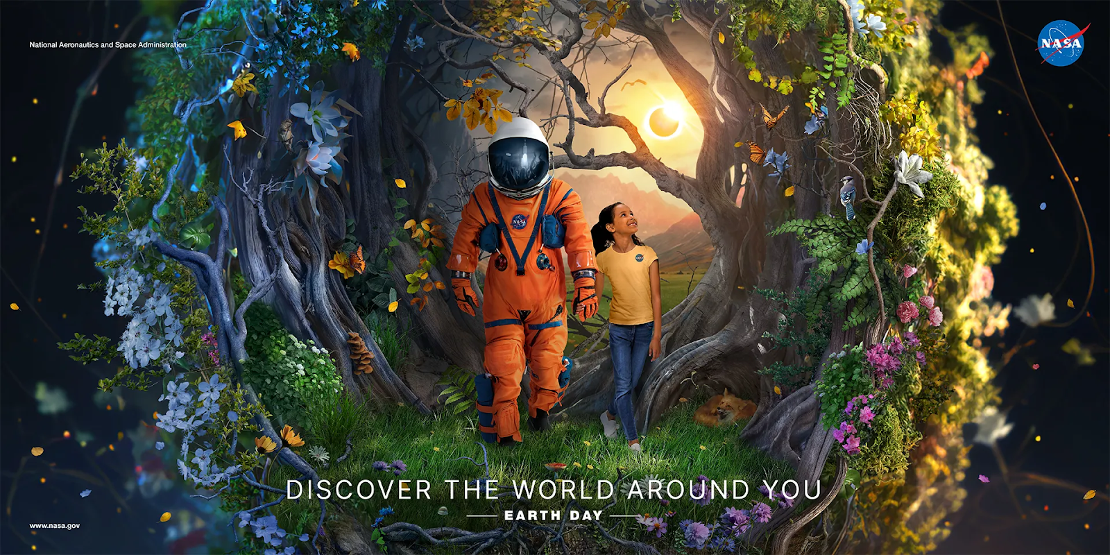 NASA Earth Day poster showing an astronaut and a young girl walking through a vibrant forest with flowers, trees, and wildlife, under a glowing sun and eclipse.