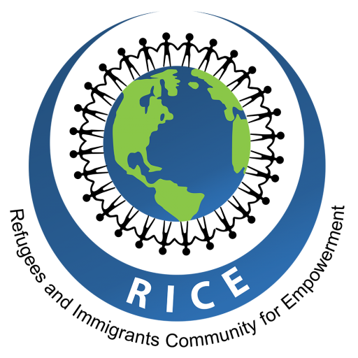 Logo of RICE (Refugee and Immigrant Community for Empowerment) featuring a globe encircled by a blue crescent symbolizing unity and global inclusion.