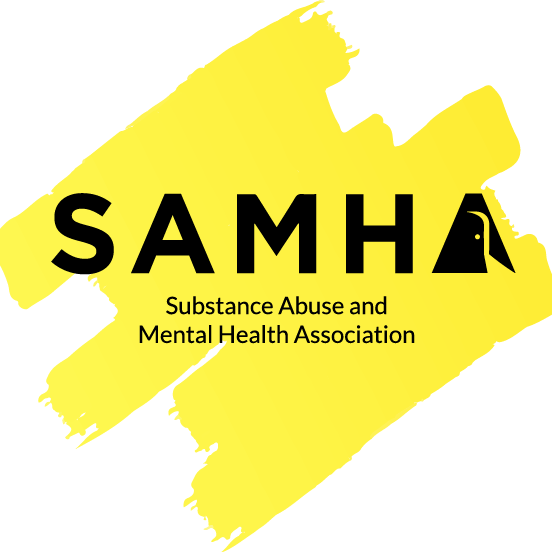 Logo of SAMHA (Substance Abuse and Mental Health Association) featuring bold black text on a yellow brushstroke background.