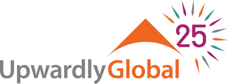 Logo of Upwardly Global featuring an orange upward arrow and the number 25 surrounded by colorful rays, marking the organization’s 25th anniversary.