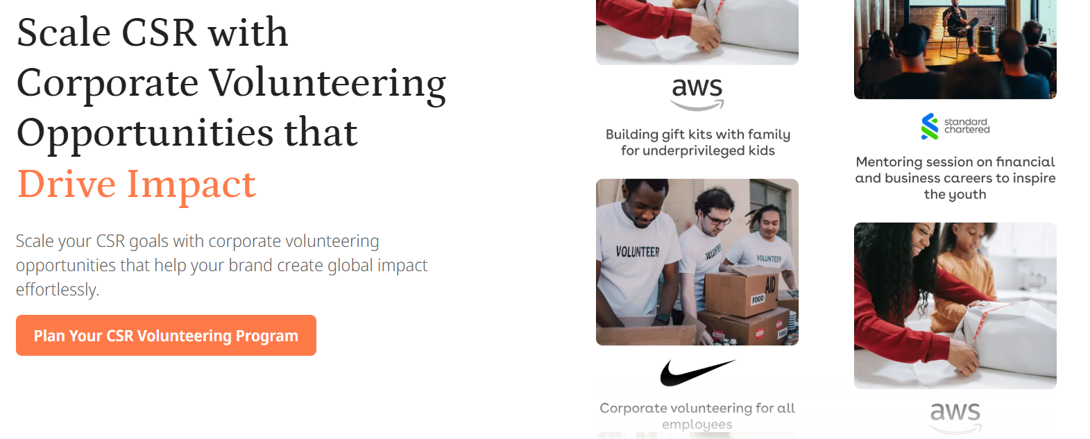 Corporate volunteering initiatives by companies like AWS, Nike, and Standard Chartered, employees building care kits and mentoring youth as part of CSR programs. Text reads: ‘Scale CSR with Corporate Volunteering Opportunities that Drive Impact.’