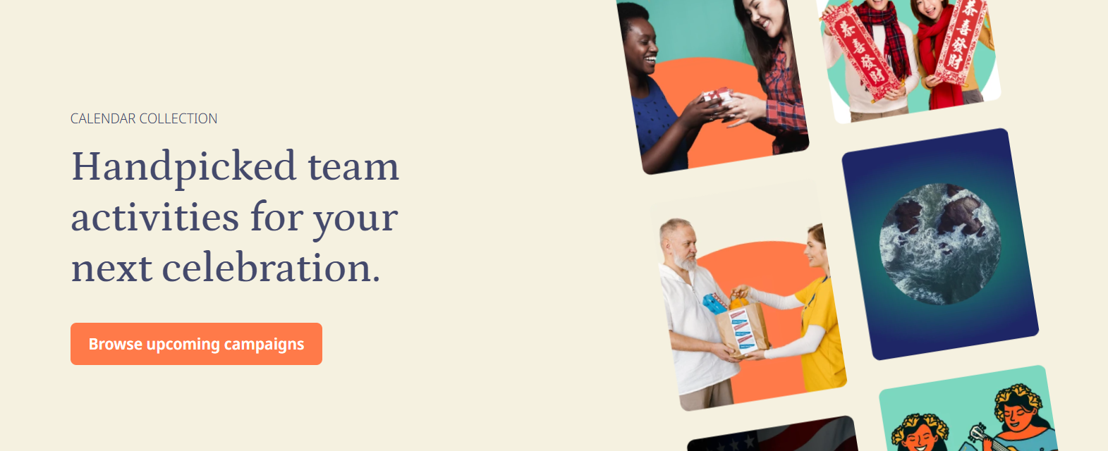 Banner showcasing Goodera’s curated collection of celebration-themed team activities with diverse images of volunteers and a button prompting users to browse upcoming campaigns.