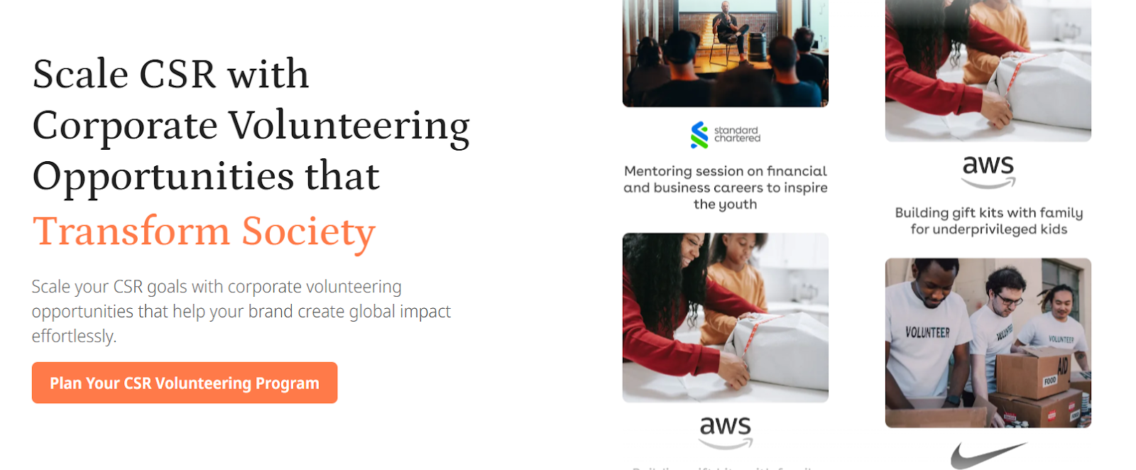 Corporate volunteering banner showcasing global CSR opportunities with examples from Standard Chartered, AWS, and Nike, featuring mentoring sessions, family gift kit building, and community aid activities.