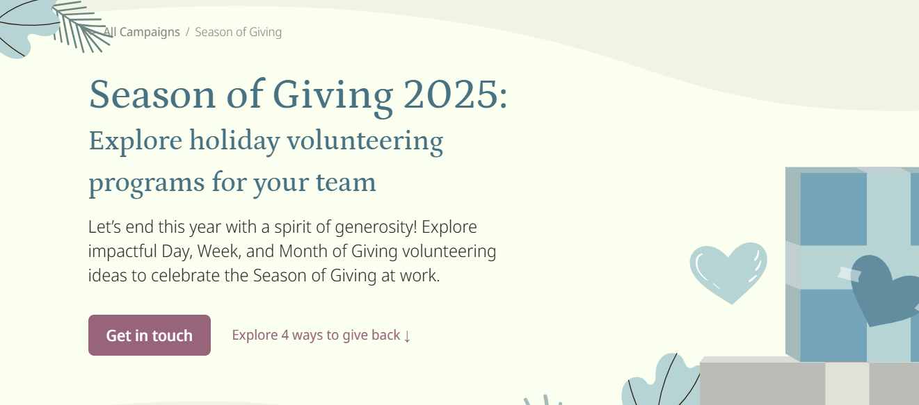 Season of Giving 2026 campaign banner showing a festive layout with pastel illustrations, hearts, and wrapped gifts, inviting teams to explore holiday volunteering programs with options for Day, Week, and Month of Giving activities.
