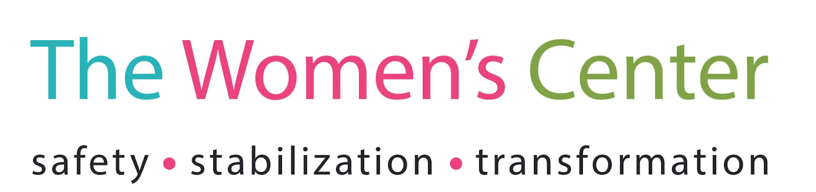 The Women’s Center logo with the words safety, stabilization, and transformation, representing support services for women.