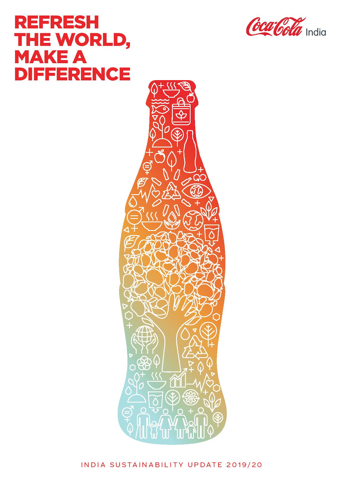Coca-Cola India poster showing a bottle silhouette filled with sustainability icons such as trees, water, recycling symbols, people, and agriculture, with the text “Refresh the World, Make a Difference”.