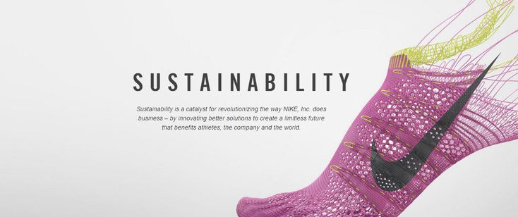 Nike sustainability banner featuring the word “SUSTAINABILITY” alongside a stylized, partially transparent athletic shoe with visible knit structure and dynamic lines, symbolizing innovation and sustainable design.