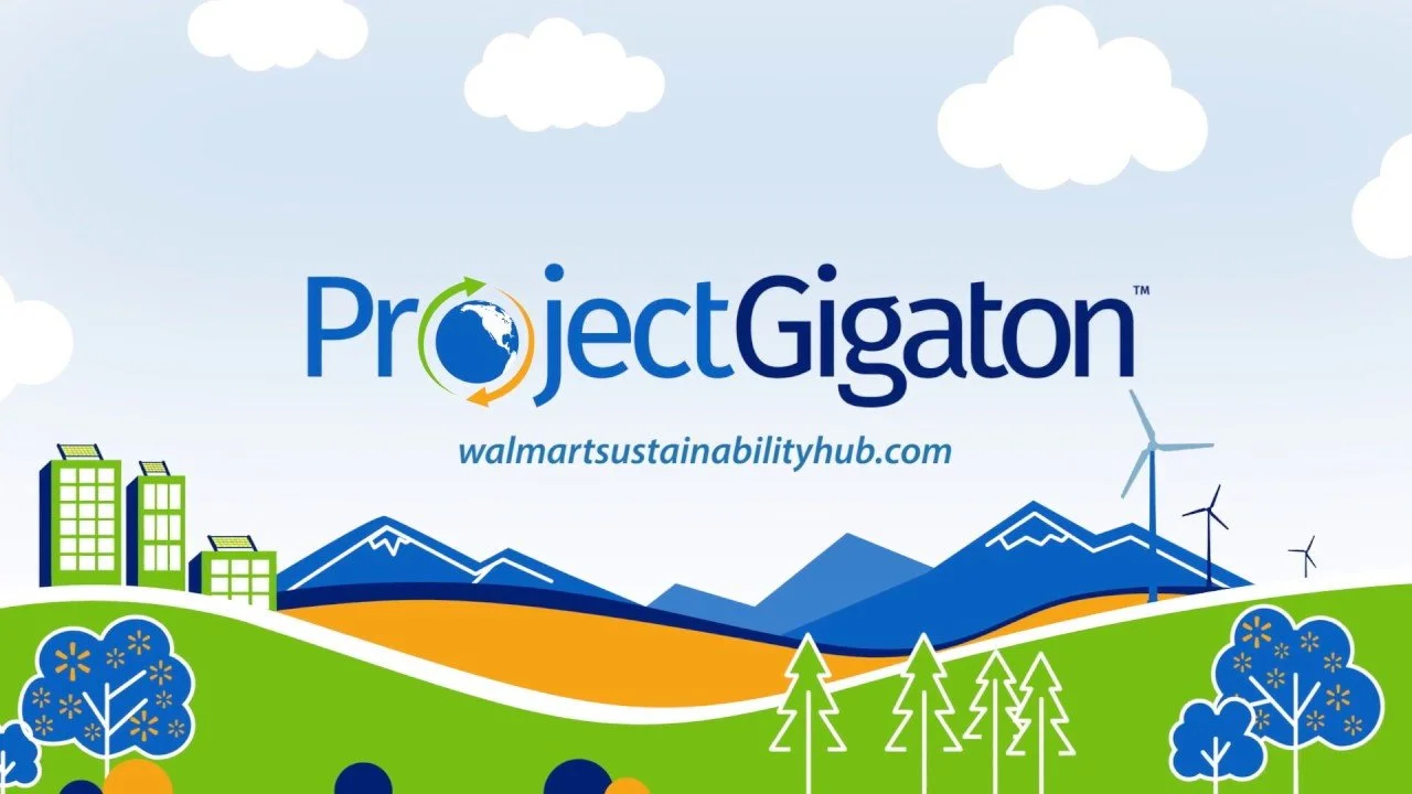 Illustration displaying the Project Gigaton logo by Walmart, set against a landscape with green buildings, mountains, trees, wind turbines, and clouds, symbolizing renewable energy and sustainability.