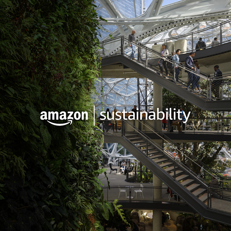 Interior of a modern office space with a large living green wall and multi-level staircases, featuring the text “amazon sustainability” overlaid, with people walking through the building.