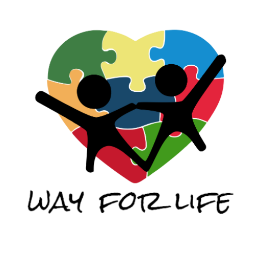 Colorful heart-shaped puzzle logo with two human figures inside, symbolizing unity, inclusion, and support, with the text “Way For Life” below.