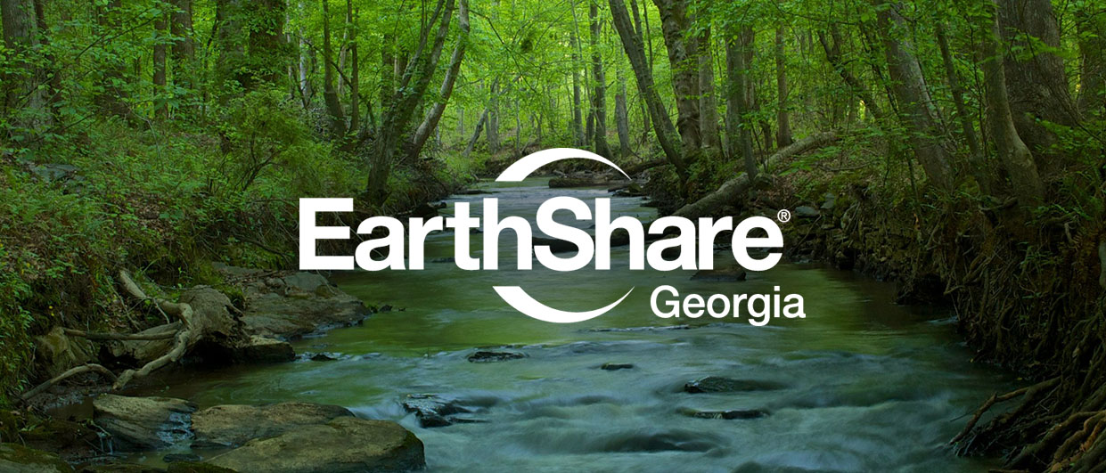 EarthShare Georgia logo overlaid on a serene forest stream with lush green trees on both sides.