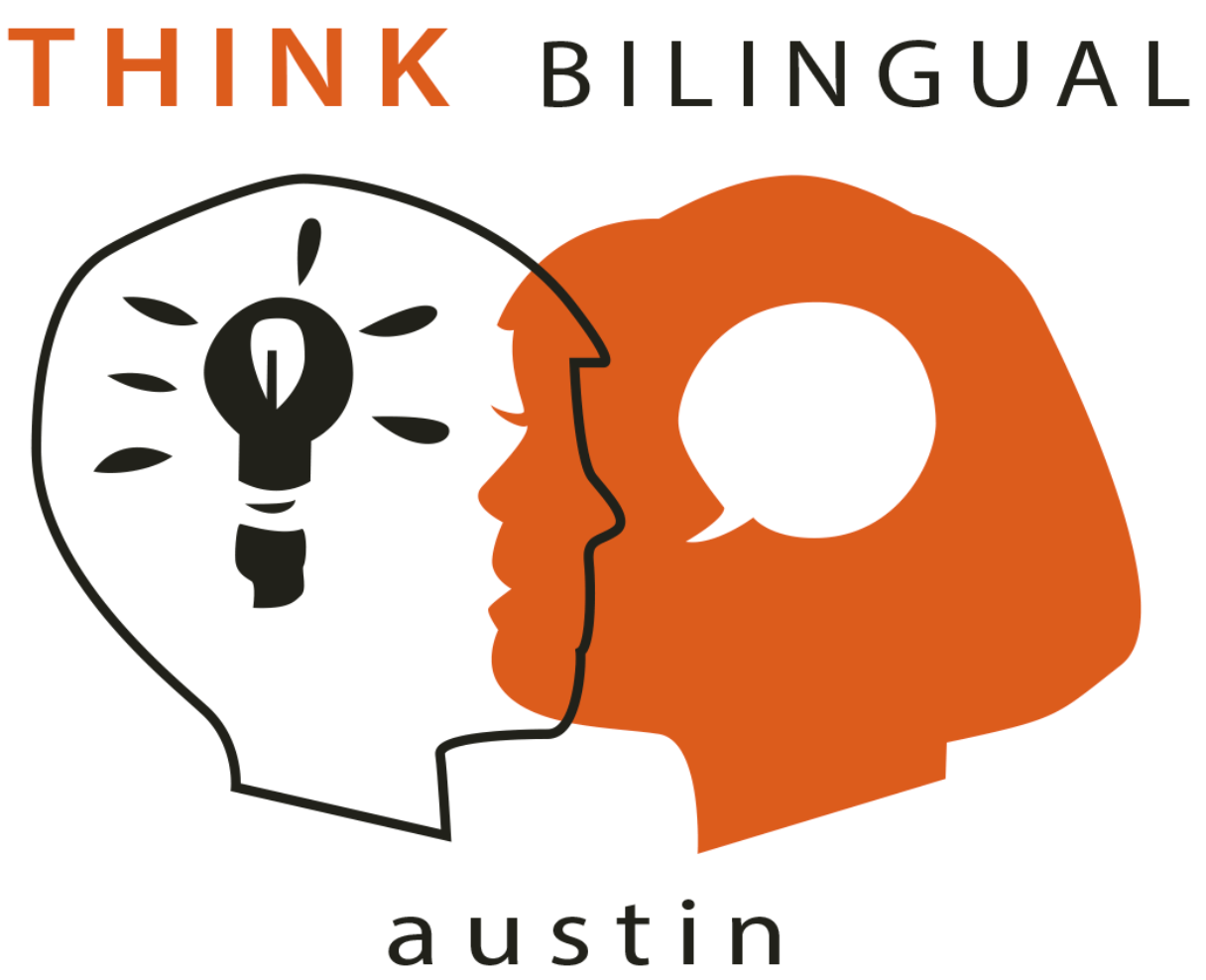 Think Bilingual Austin logo with two faces and a lightbulb icon