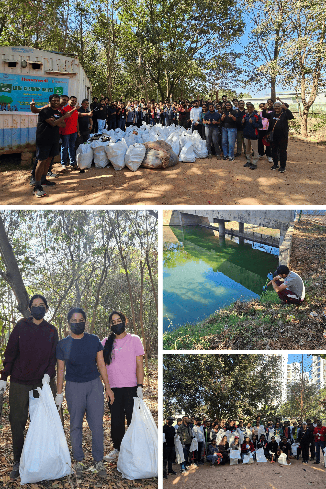 Honeywell employee volunteers participating in a lake clean-up drive