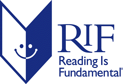 Reading Is Fundamental (RIF) logo featuring a blue open book with a smiling face and the text “RIF Reading Is Fundamental.