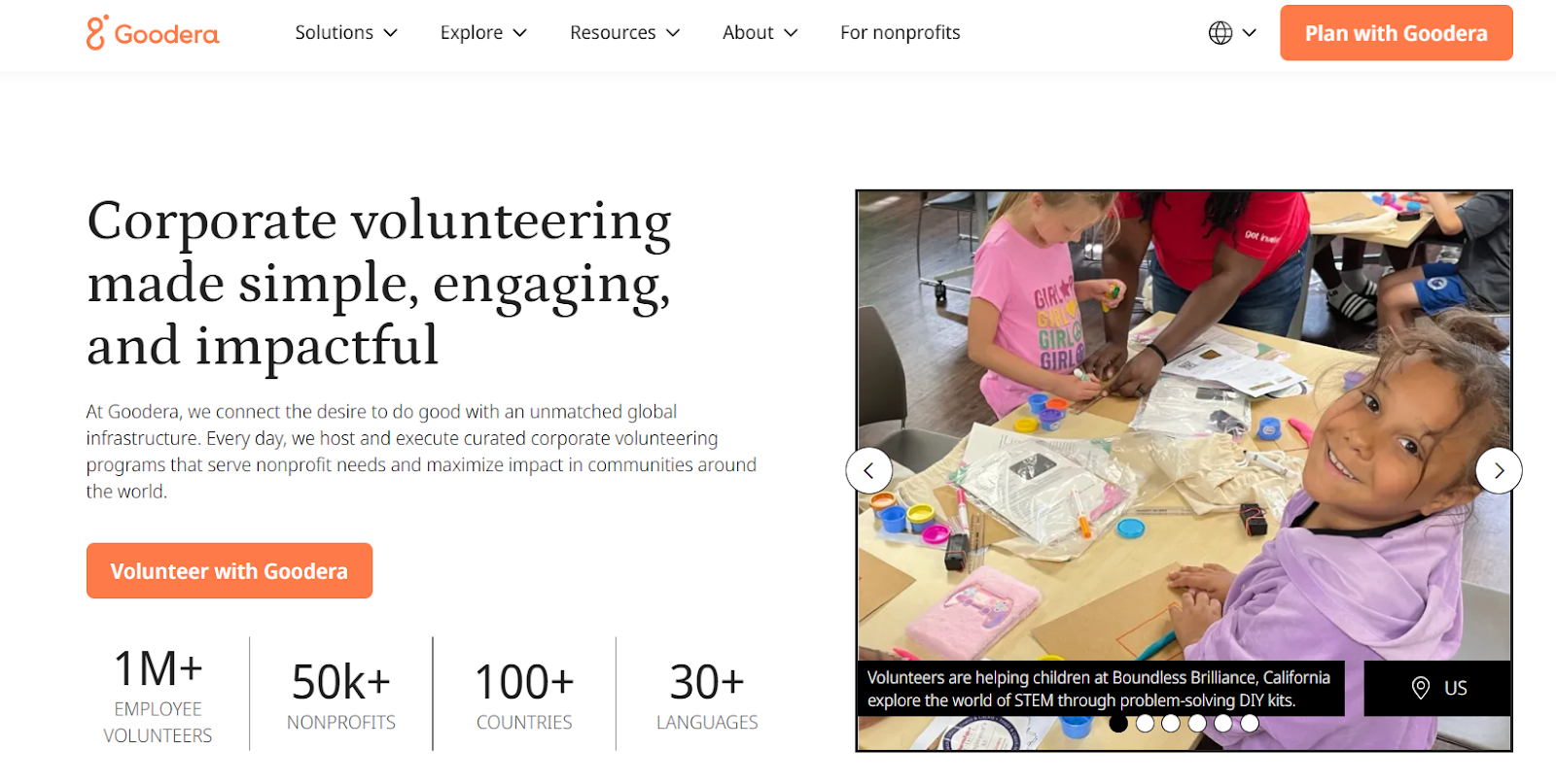 Goodera corporate volunteering banner showing employees helping children with STEM and literacy activities in California.