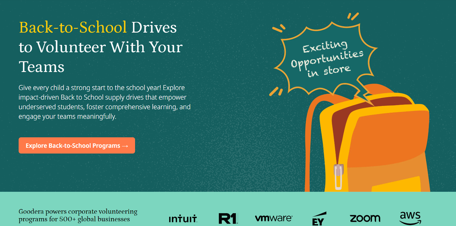 Banner promoting back-to-school volunteer drives with a backpack illustration and a call to explore team volunteering programs.