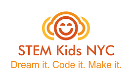 STEM Kids NYC logo featuring a smiling robot icon with the tagline “Dream it. Code it. Make it.
