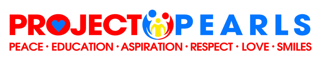 Project PEARLS logo featuring colorful figures and the words Peace, Education, Aspiration, Respect, Love, and Smiles.