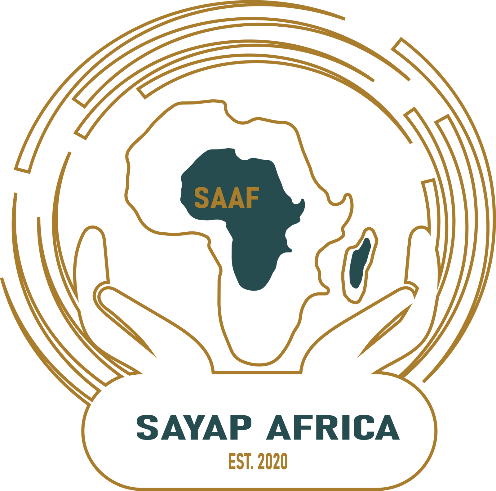 Sayap Africa logo featuring a map of Africa held by hands, representing community support and educational empowerment.