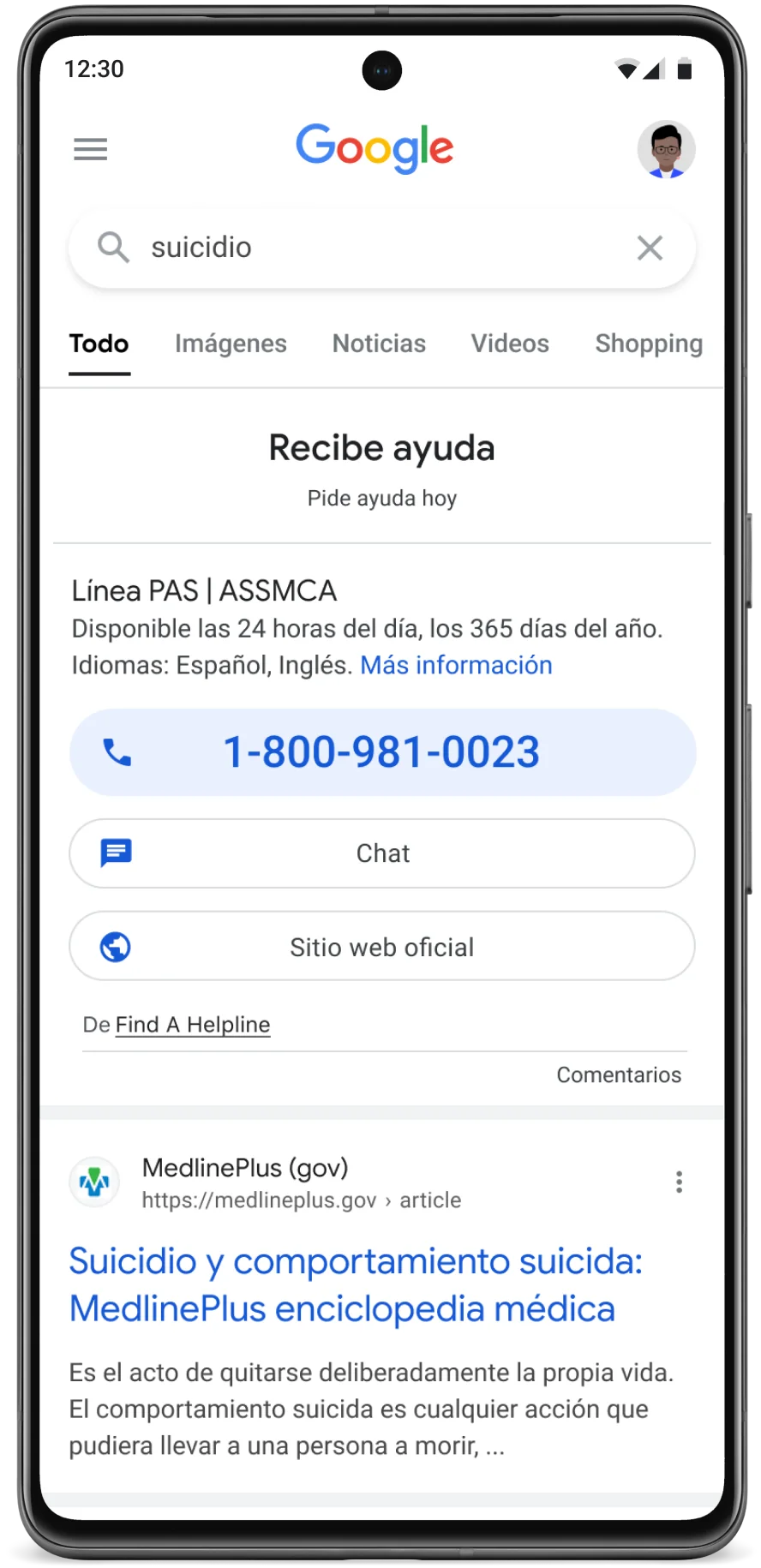 Screenshot of Google’s Mental Health Awareness helpline contacts