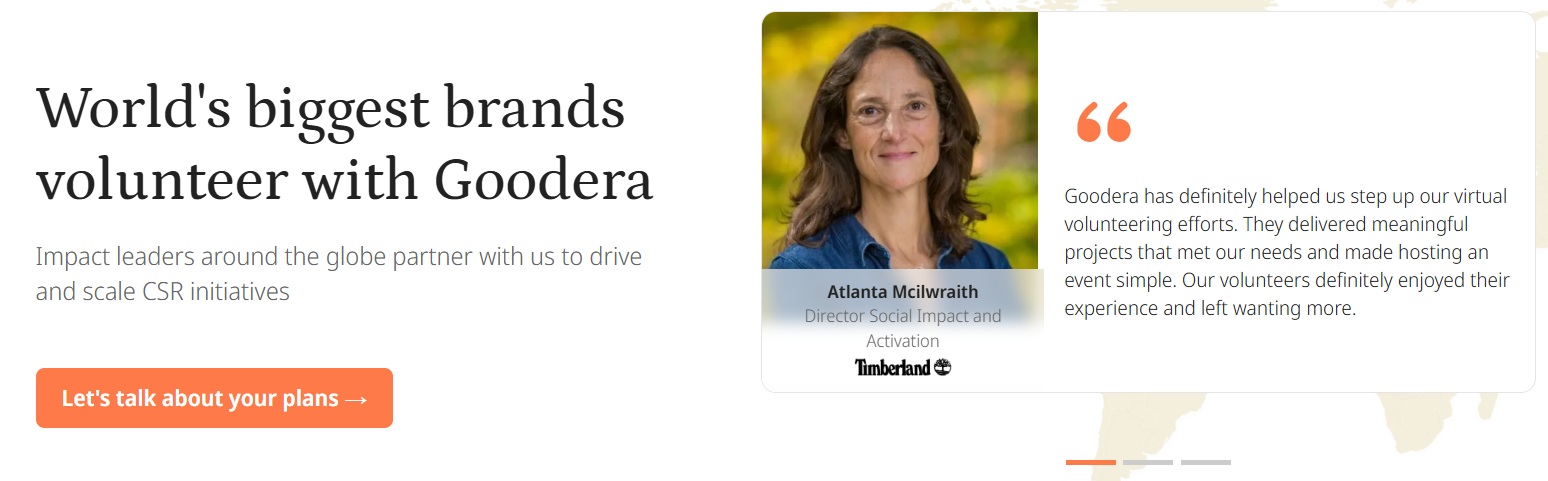 Goodera banner showing the headline “World’s biggest brands volunteer with Goodera” and a testimonial from Timberland’s Director of Social Impact, Atlanta Mcilwraith.