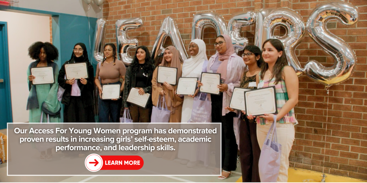 Young women holding certificates at a leadership program event focused on building confidence, academic success, and career skills