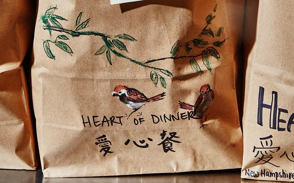 Hand-decorated Heart of Dinner meal bag featuring birds, branches, and Chinese characters symbolizing care and connection