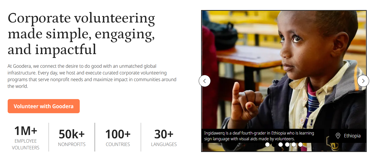 Corporate volunteering platform highlighting global impact, with a child learning sign language in Ethiopia supported by volunteers.