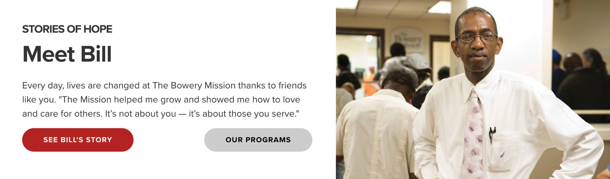 Image of a man wearing a white shirt at the Bowery Mission