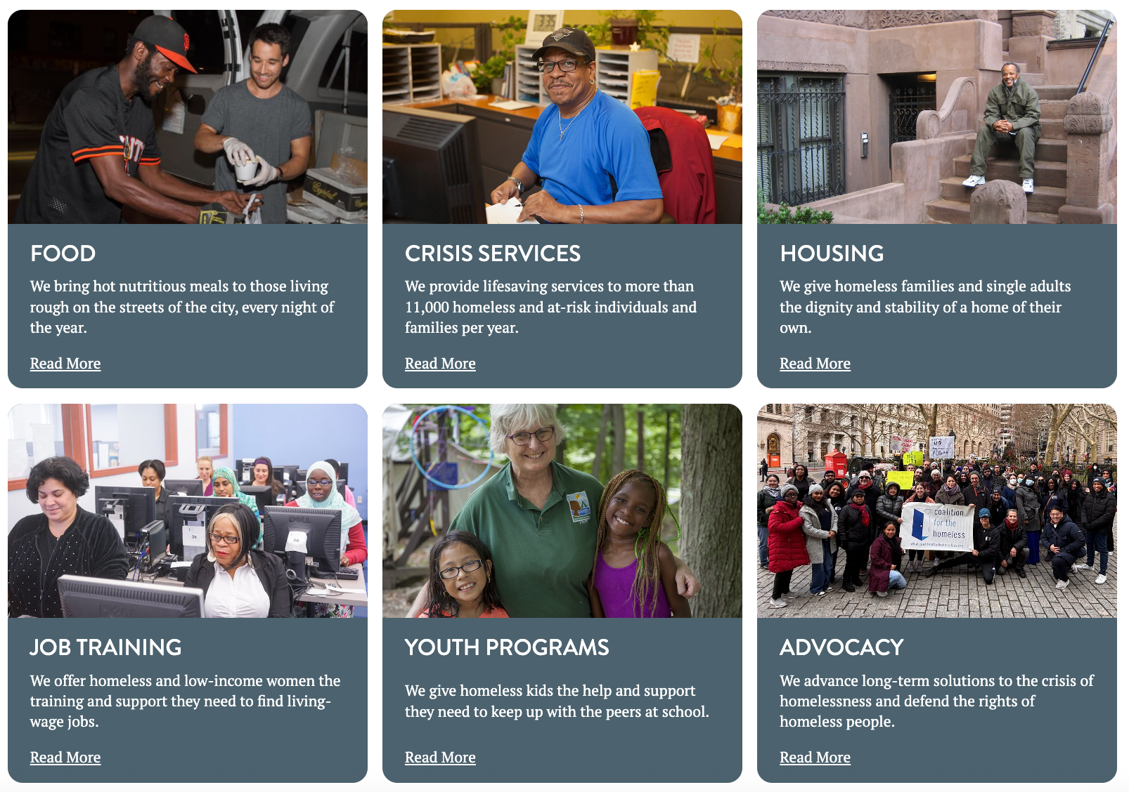 Collage of the top missions by Coalition for the Homeless