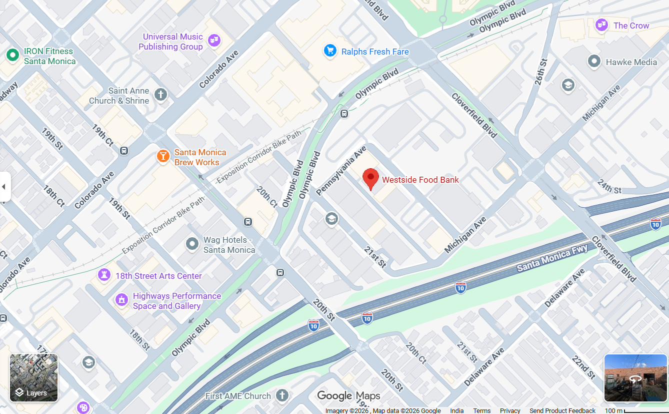 Westside Food Bank warehouse and volunteers