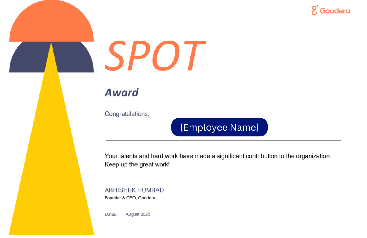 Goodera’s SPOT award certificate recognizing employees for their efforts.