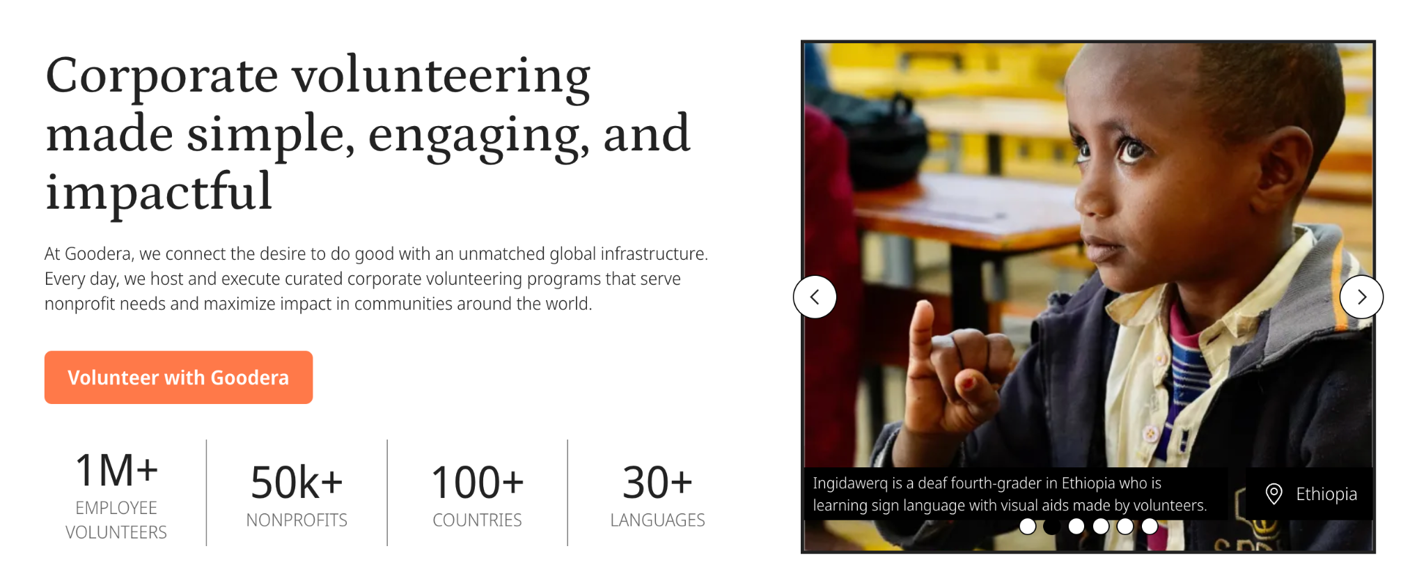 Hero banner of Goodera’s website highlighting corporate volunteering and social impact programs