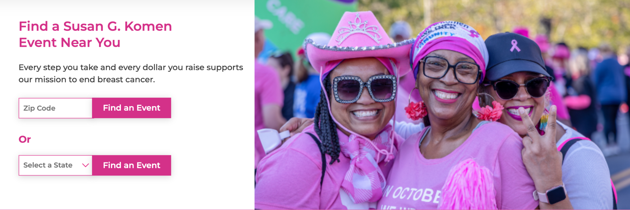 Susan G. Komen Race’s official website banner featuring 3 femalre participants for the race for cure.